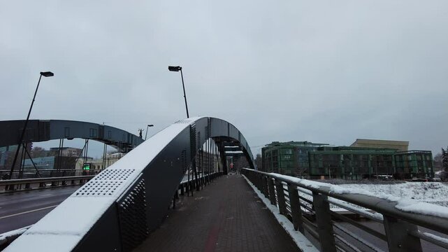 Walking on King Mindaugas Bridge in Snowy Winter Vilnius Lithuania