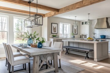 Farmhouse kitchen dining area with wooden beams, open concept, sunny day