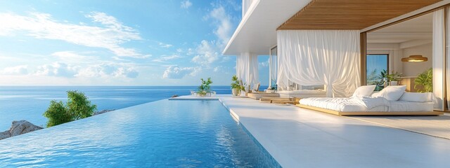 Luxury Retreat: A stunning modern property overlooks the endless expanse of the sea. The infinity pool mirrors the sky, inviting the eye to travel from the property to the horizon.