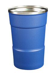 Blue reusable stainless steel for cold beverages with plastic cover outside on transparent background