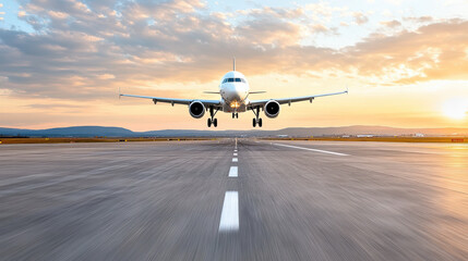 Fototapeta premium stunning airplane landing on at sunset, showcasing vibrant colors and clear sky