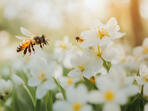 A bee hovering near white flowers in a bright, natural setting.