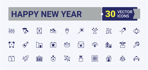 Set of Happy New Year line icon. Contains outline symbols like year, holiday, christmas, celebration, fireworks, firework and more. New Year line icon. Modern icons collection. Editable vector.