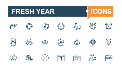 Fresh Year icon collection. Includes symbols for celebrate, year, fireworks, firework, happy  and more. New Year related icon. Minimalist icons collection. Pixel perfect. Solid line editable stroke.