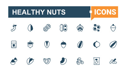 Healthy Nuts vector line icon set. Containing nuts, healthy, seed, bean, coffee, peanut and more. Nut And Bean simple icon. Minimal thin line web icons set. Editable vector. Pixel perfect.