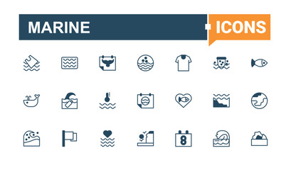 Marine vector line icon set. Includes symbols for vacation, swimming,  waves, beach, diving and more. Ocean simple icon set. Icons for application. Solid line editable stroke. Pixel Perfect.