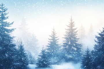 Snow covered evergreen trees appear amidst winter snowfall and fog