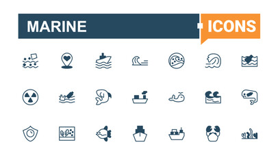 Marine vector line icon set. Includes symbols for vacation, swimming,  waves, beach, diving and more. Ocean simple icon set. Icons for application. Solid line editable stroke. Pixel Perfect.