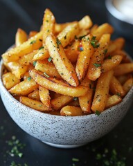 Golden crispy french fries in a speckled bowl against a dark backdrop showcasing deliciousness and culinary delight for food photography enthusiasts
