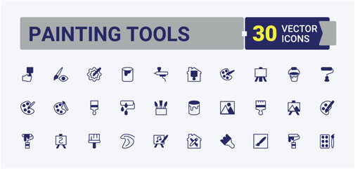 Painting Tools related icon. Contains outline symbols like line, art, paint, design, draw, roller and more. Paint Brushes related icon set. Solid line editable stroke. Vector collection.