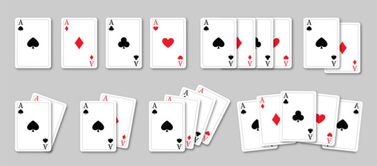 Set of vector playing card. Collection of four aces. Poker playing cards isolated on transparent background. Vector illustration, eps10.
