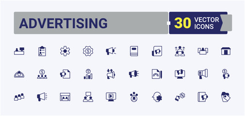 Advertising simple icon set. Contain linear symbols market, shop, online advertising campaign, brand marketing  and more. Promotion icon set. Minimalist icons pack. Editable vector.