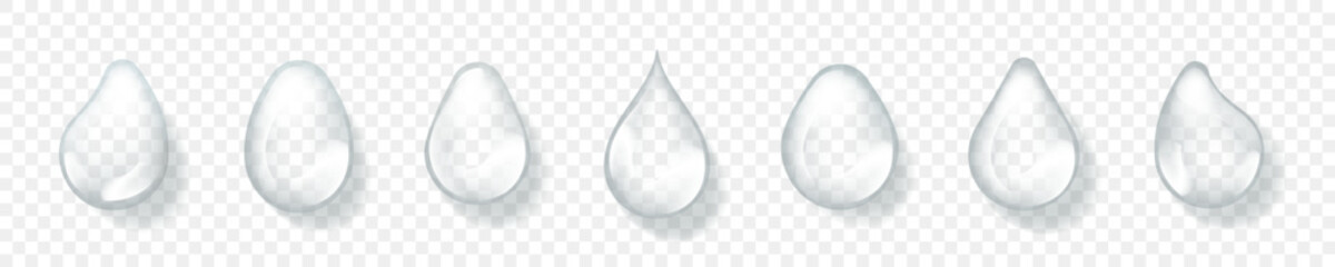 Set of realistic water drops. Water rain drop shape. Droplet on transporent glassess. 3D style isolated stock vector elements.	
