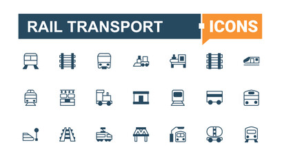 Rail Transport icon set. Contains outline symbols like railway, transportation, train, rail and more. Train And Railway icon collection. Minimal icons pack. Solid line editable stroke.