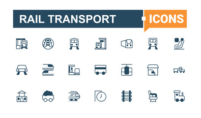 Rail Transport icon set. Contains outline symbols like railway, transportation, train, rail and more. Train And Railway icon collection. Minimal icons pack. Solid line editable stroke.