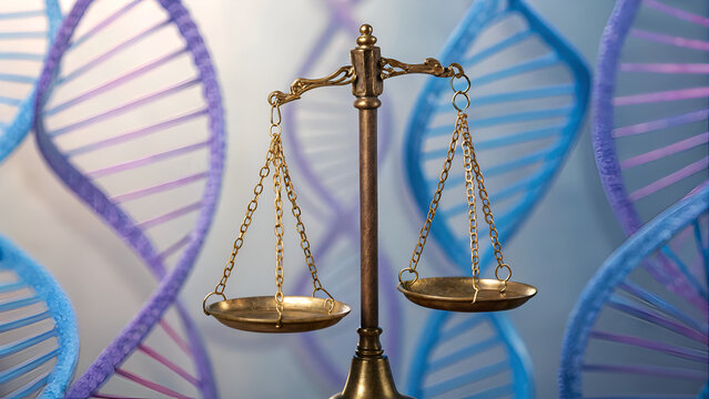 Bioethics clinical trials research Balance scales in front of colorful DNA strands, symbolizing justice and science.