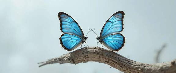 blue butterfly on driftwood in isolated clear white background