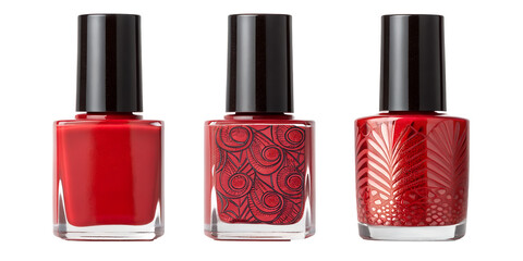 Obraz premium Three Different Style Stylish Red Nail Polish Bottle on White - Red Nail Polish, Nail Care, Beauty Products, Cut Out