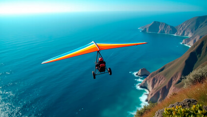A hang glider mid-flight over a coastal cliff, the deep blue ocean stretching to the horizon