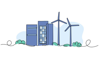 Vector illustration of eco-friendly building with wind turbines. Modern flat in continuous line style. © Bettermind Graphic