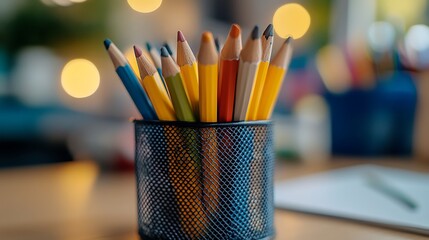 Colorful pencils in a metal holder on a desk.