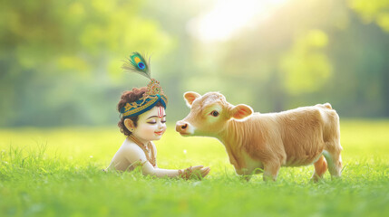 cute little Krishna sitting with cows