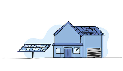 Vector illustration of house with solar panel. Modern flat in continuous line style.