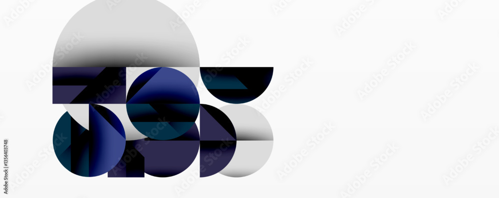 Poster Modern abstract composition with layered circles and angular segments featuring gradients, transparency effects, and a structured geometric layout
