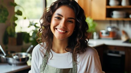 Smiling Female Chef in Cozy Kitchen Preparing Fresh Ingredients for a Delicious Meal