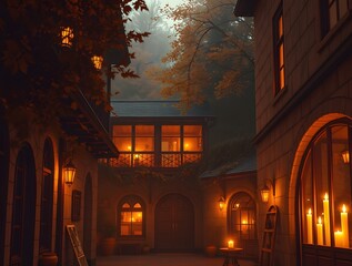 Cozy autumn evening in a quaint courtyard with glowing lanterns and warm candlelight ambiance