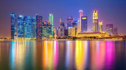 Fototapeta premium Vibrant Nightscape of Modern City Skyline with Reflections