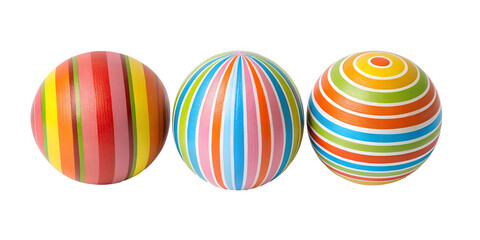 Three Different Style Vibrant Colorful Striped Ball on White - Colorful Ball, Vibrant Toy, Fun Ball Collection, Cut Out