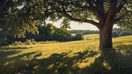 Obraz premium Sun-Drenched Meadow, A Moment of Tranquility Under the Shade of an Oak
