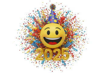 Festive celebration graphic with emoji, colorful explosions, party hat, New Year 2025, vibrant confetti, cheerful atmosphere, joyful imagery