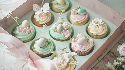 Fototapeta premium Easter Pastel Cupcake Box with Floral and Egg Decorations