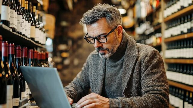 A thoughtful man wearing glasses works on a laptop surrounded by wine bottles in a shop.