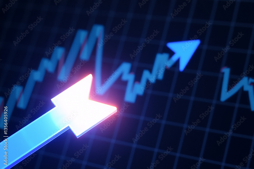 Poster a vibrant blue line graph trends upwards on a dark grid backdrop, showcasing a bright arrow pointing