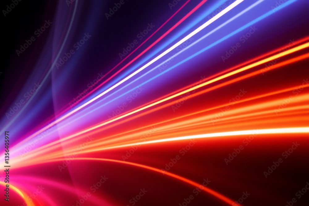 Poster streaks of vibrant blue, orange, and red light speed across a dark backdrop, creating a dynamic, abs