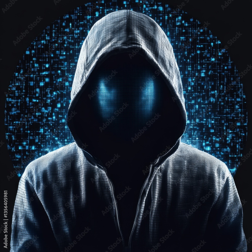 Poster Anonymous Hacker Figure with Glowing Eyes and Digital Background Illuminating from Behind