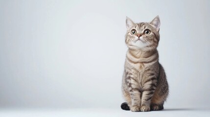 Scottish Fold cat is sitting on a white background. Looking forward. The cat's eyes are wide open, giving it a curious and alert appearance . Copy space .