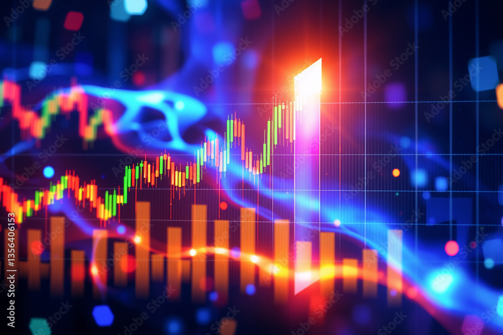 Poster financial chart displays upward trend with a prominent arrow, symbolizing growth. bright, blurred li