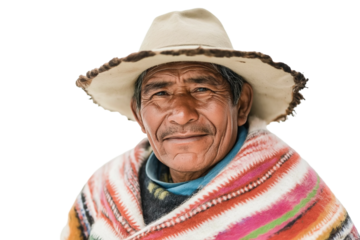 elderly man adorned with traditional attire wearing hat and vibrant shawl gazes directly at viewer isolated on transparent white background