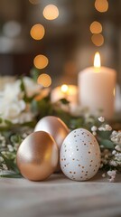 Fototapeta premium Happy Easter Sunday background, A cluster of three gold, silver, and white Easter eggs arranged in a triangle, with a blurred background of a candle-lit garden wedding scene