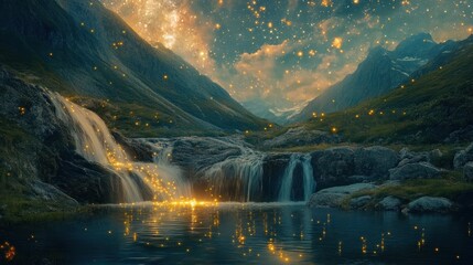 Naklejka premium Enchanted mountain cascade under starlit sky reflects shimmering lights