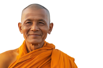 Smiling monk portrait wearing traditional orange robes isolated on transparent white background