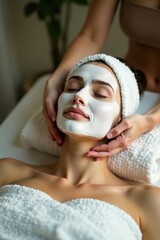 Relaxing facial mask application, serene spa setting, skin, elegant, calm