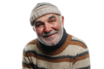 smiling elderly man wearing knit cap and striped sweater looking directly at camera isolated on transparent white background