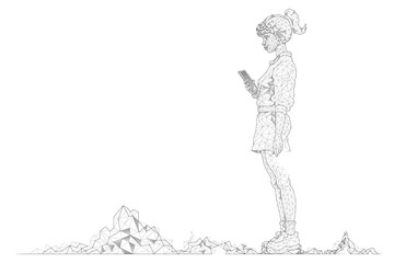 A girl stands with a smartphone. A young woman looks at the phone screen.