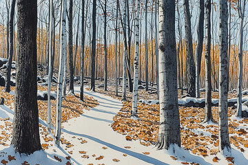 Obraz premium Serene winter forest path with fallen leaves and golden trees under a clear blue sky