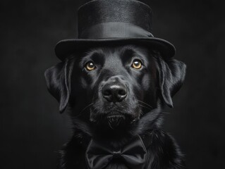 Black labrador dog portrait looks straight in top hat and the bow tie